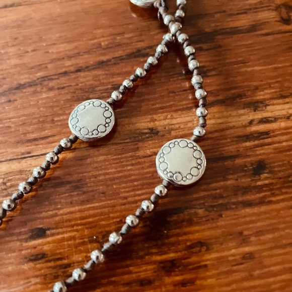 Silver bead layering necklace with leather knots 30 inches single or double wrap - Picture 6 of 9